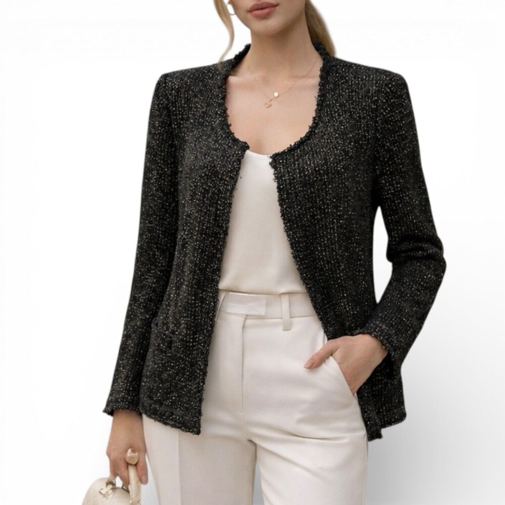 IRO Black Metallic Knit Open‎ Front Shimmer Wallice Jacket  Womens XL/42
